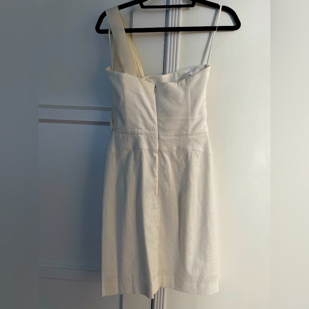 EMPORIO ARMANI White mixed media evening dress, one shoulder, fitted, midi